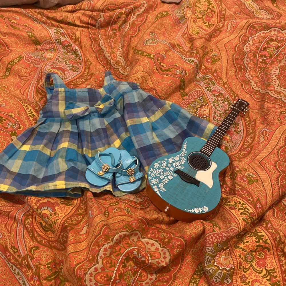 American girl, doll dress, shoes and guitar